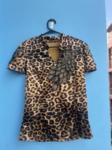 Leopard Print Peacock Embellished Y2k Top