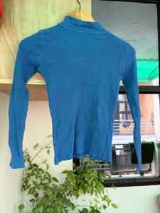 Chic Blue Ribbed Mock Neck Top