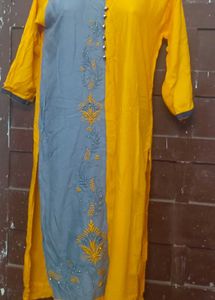 Yellow &amp; Grey Embroidered Kurta