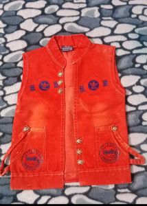 Red Denim Vest &amp; Shorts Set For Kids