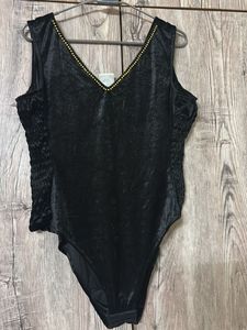 Black Velvet Bodysuit with Embellished Neckline