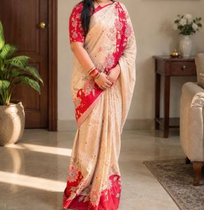 Elegant Cream & Red Floral Print Saree
