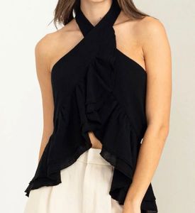 Black Halter Neck Ruffle Top