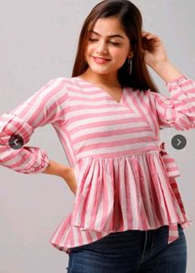 Chic Pink Striped Wrap Peplum Top