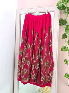 Soundarya Vibrant Pink Peacock Feather Print Skirt