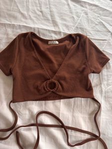 Brown Ring Detail Tie-Up Crop Top