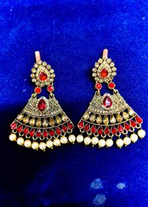 Exquisite Red & Gold Dangle Earrings