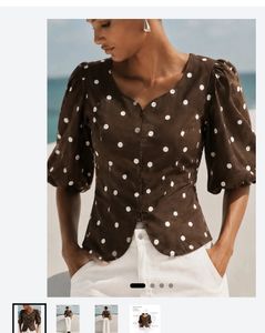 Chic Brown Polka Dot Puff Sleeve Top