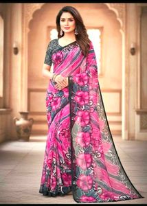 Stylish Pink &amp; Black Printed Floral Georgette Sare