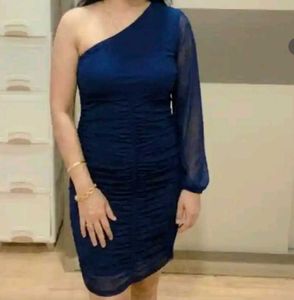 Chic One-Shoulder Ruched Navy Dress