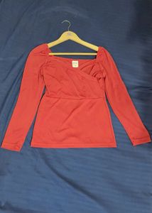 Chic Red Wrap-Style Long Sleeve Top