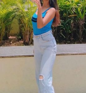 Blue Striped Ribbed Tank Top