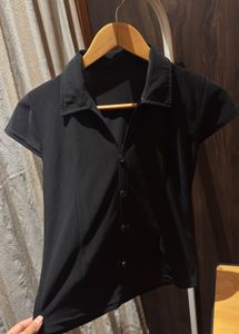 Classic Black Short Sleeve Button-Up Top