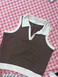 Brown Collared Sleeveless Crop Top