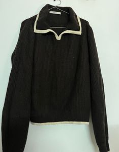 Brown Ribbed Knit Polo Sweater