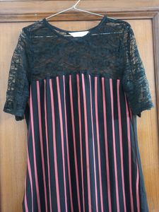 Pankh Orange &amp; Black Stripped Kurta with Lace Slee