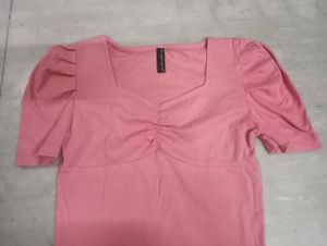 Pink Puff Sleeve Ribbed Top