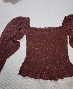 Brown Polka Dot Smocked Top