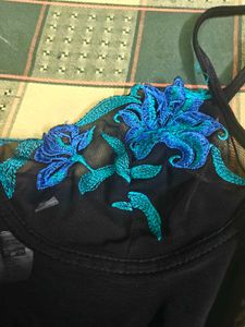Black Sheer Cami with Blue Floral Embroidery