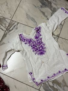 White Kurta with Purple Embroidery
