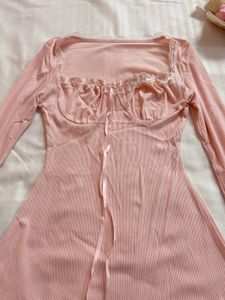 Pink Ribbed Lace Detail Mini Dress 🎀