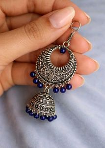 Oxidized Silver Jhumka Earrings with Blue Beads