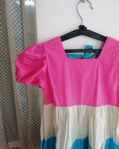 Girls Pink, Cream &amp; Blue Tiered Dress