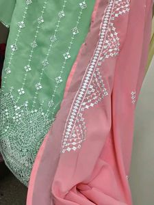 Elegant Green Embroidered Kurta Set with Pink Dupa