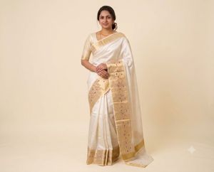 new golden and white south indian saree