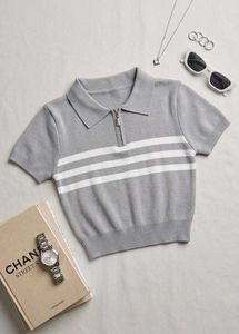 Gray Striped Zip-Up Polo Top