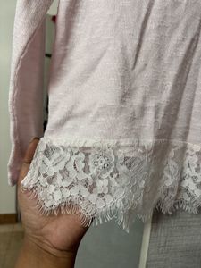 H&amp;M Pink Lace Trim Long Sleeve Top