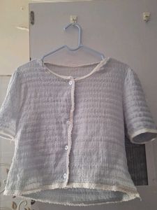 Light Blue Cropped Lace Trim Top