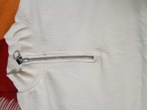 White Ribbed Zip-Up Crop Top