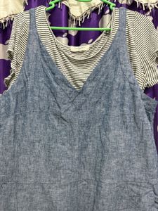 Cute Blue Linen Jumpsuit w/ Striped Tee