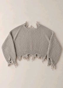 DISTRESSED GREY RIBBED V-NECK CROPPED SWEATER