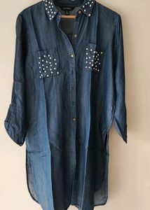Pearl Embellished Denim Tunic Shirt