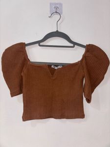 Brown Ribbed Puff Sleeve Top