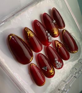 Red &amp; Gold Press On Nail Set with Gems