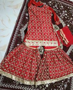 Red Embroidered Kurta Set with Sharara