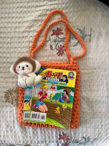 Crocheted Orange Tote Bag with Dog Charm