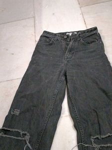 Stylish Black Distressed Wide Leg Jeans