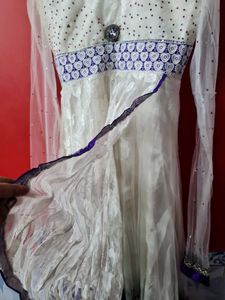 Elegant White &amp; Purple Anarkali Suit Gown