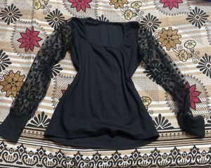 Elegant Black Top with Lace Sleeves