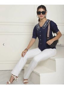 Embroidered Peter Pan Collar Navy Top
