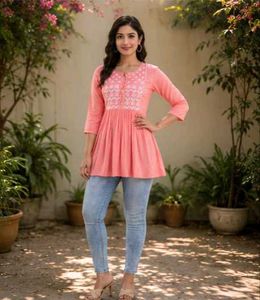 Pretty Peach Embroidered Kurti-All size