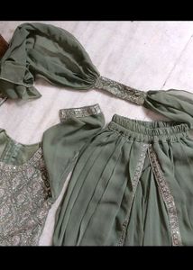 Green Aliya cut Kurta with tulip dupatta set
