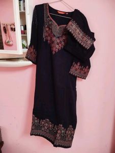 self Embroidered Navy Blue Kurta