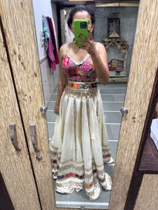 fully mirror work white choli pair