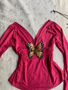 Cute Butterfly Embellished Pink Top