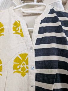 Kurta with Floral and Stripe Print